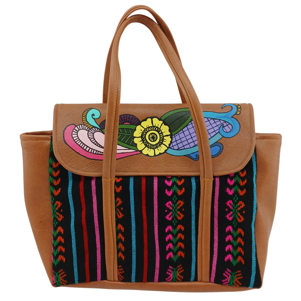 Handmade Mexican Leather Tote Bag Floral Painted Top Huipil Woven Textile